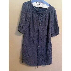 Denim large dress fresh fabric blue Smocked Neck Navy Peasant Tunic loose A17